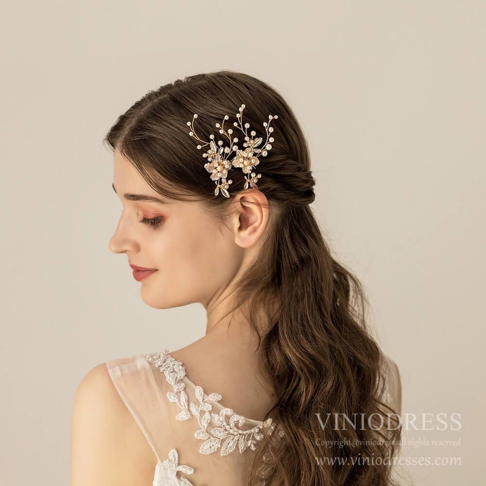 Light Gold Pearl Spray Bridal Hairpins Set AC1225-Headpieces 2025 -Viniodress-1SET-
