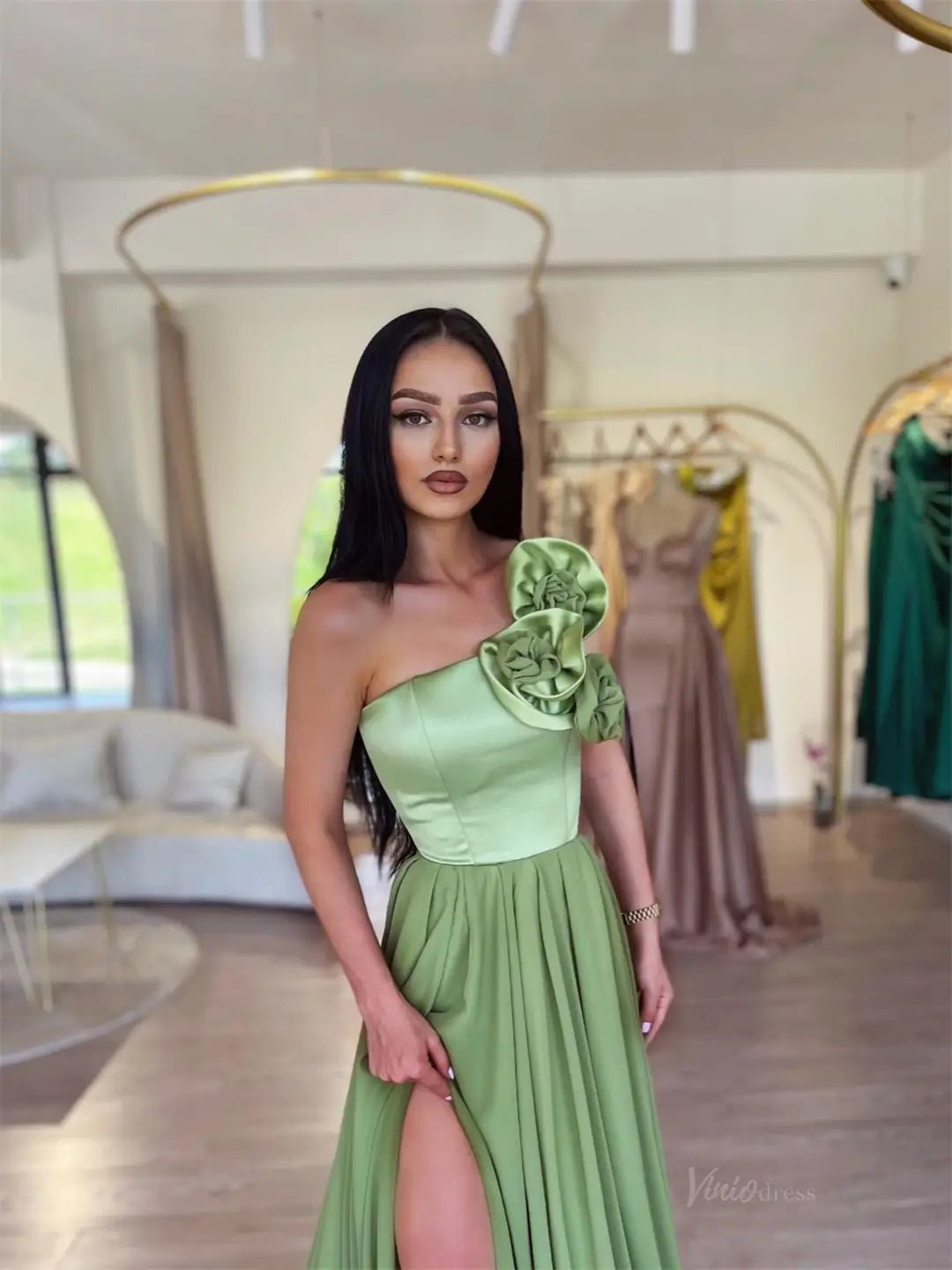 Light Green Chiffon One Shoulder Prom Dresses 2025 High Slit 3D Flower Formal Dress FD5227-prom dresses 2025 -Viniodress-Green-Custom Size-