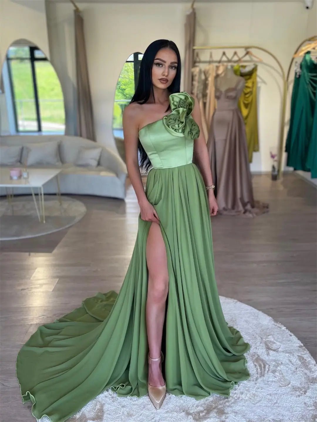 Light Green Chiffon One Shoulder Prom Dresses 2025 High Slit 3D Flower –  Viniodress
