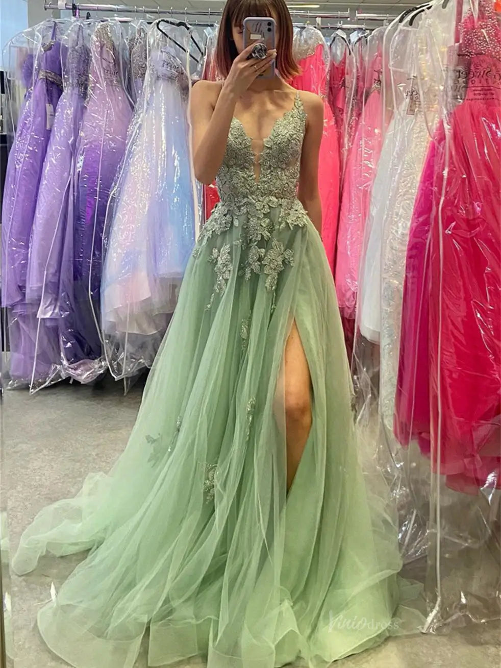 lime green lace dress Light Green Lace Flowers V-neckline Straps Long Tulle Prom Dress, A-li main image 1