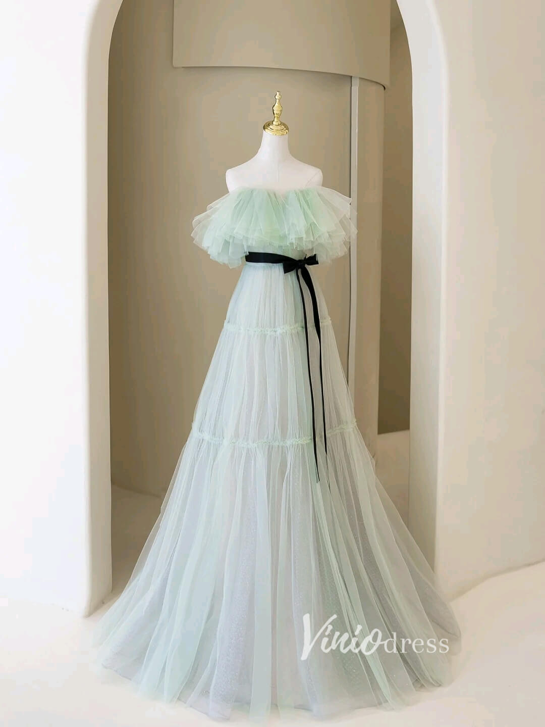 Light Green Ruffled Tulle Prom Dresses Off the Shoulder Evening Gown F Viniodress Light Green Ruffled Tulle Prom Dresses Off the Shoulder Evening Gown F Viniodress