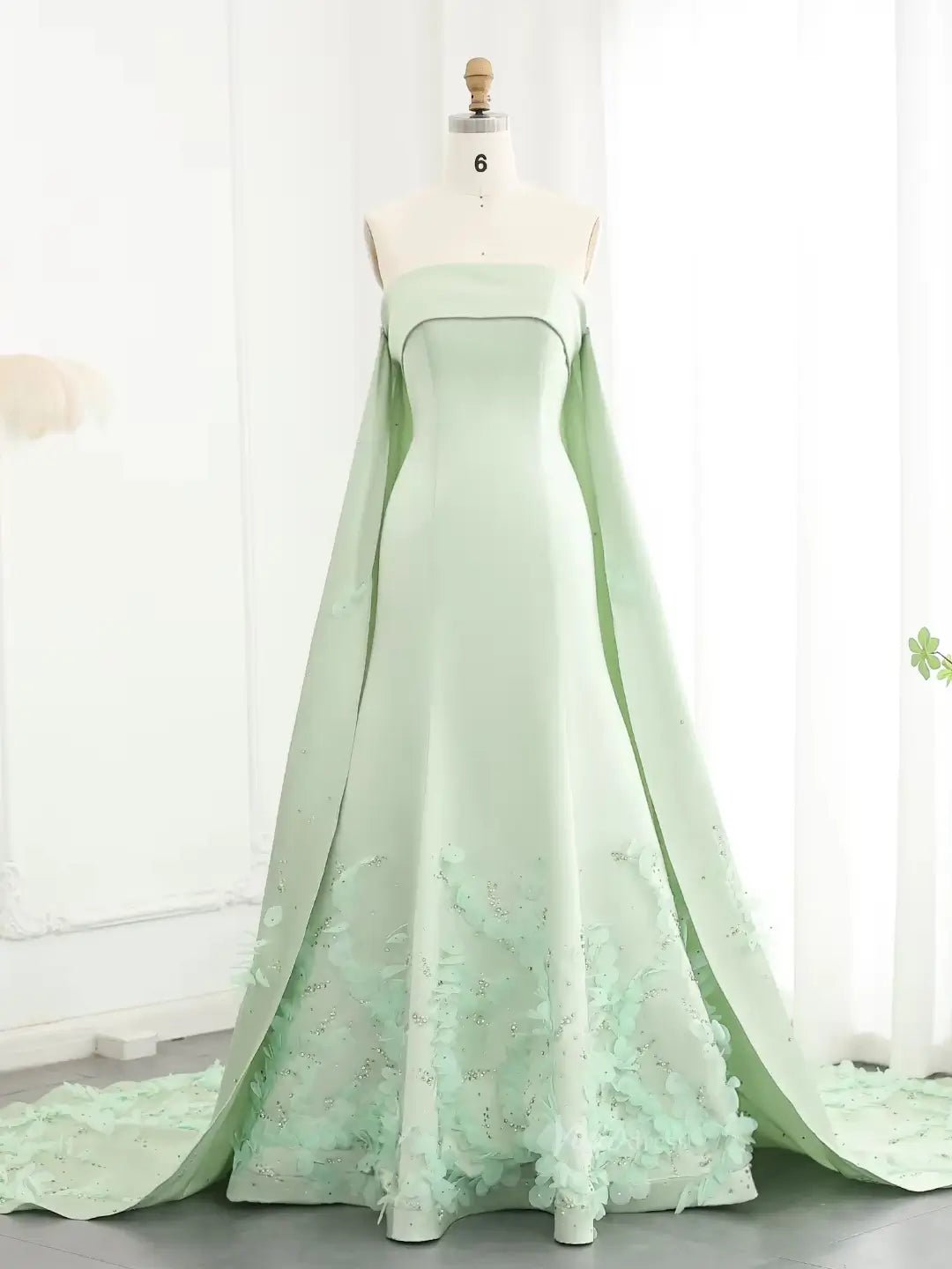Light Green Satin Prom Dresses Elegant Cape Train Formal Dresses with –  Viniodress