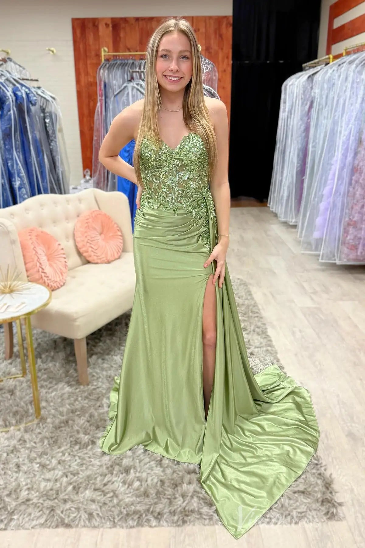 Light Green Strapless Satin Prom Dress with Floral Sequin Bodice and High Slit SS090 Viniodress Light Green Strapless Satin Prom Dress with Floral Sequin Bodice and High Slit SS090 Viniodress