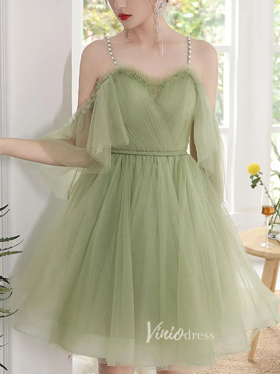 Light Green Tulle Homecoming Dresses Spaghetti Strap Short Prom Dress   Viniodress
