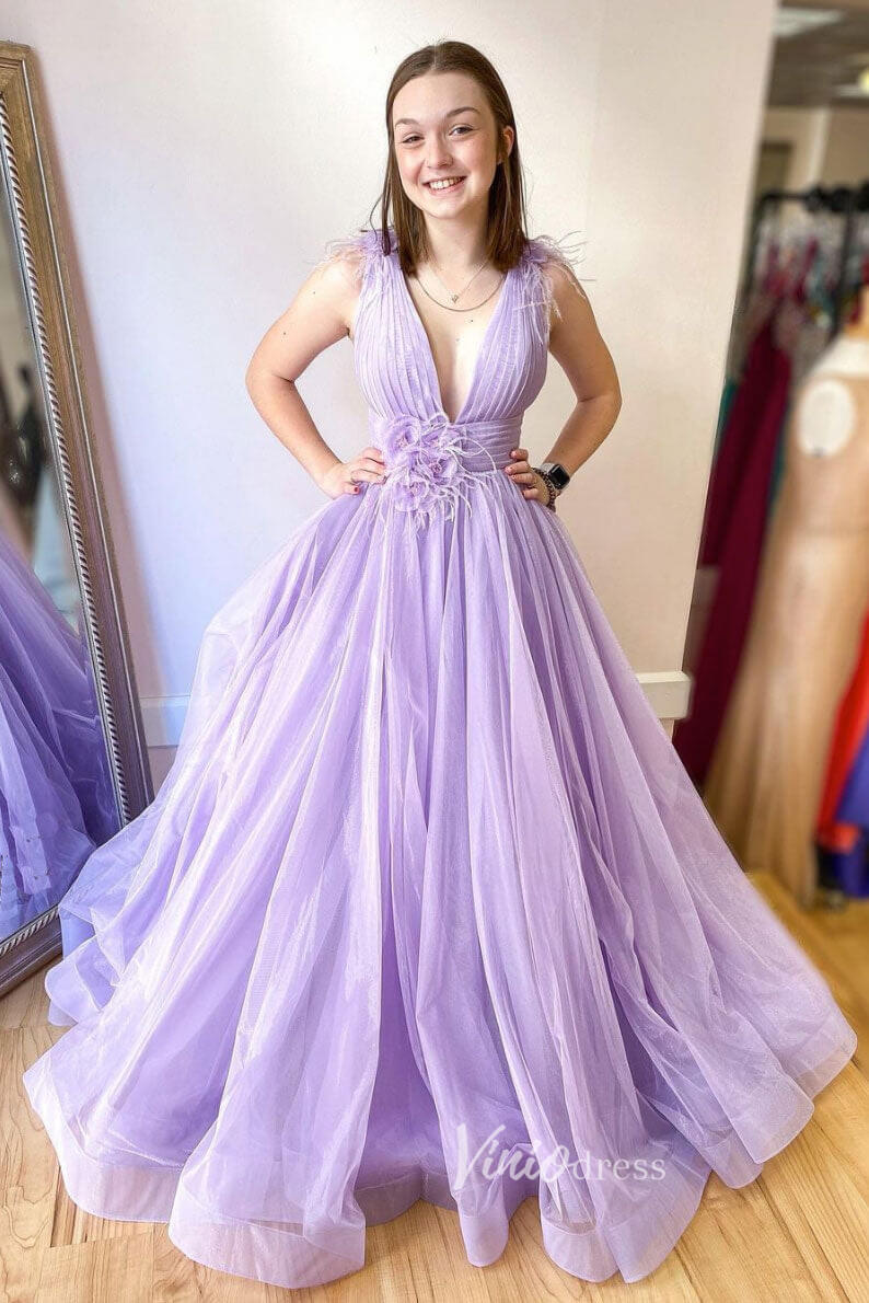 Lilac Tulle Prom Dresses Plunging V-Neck Evening Dress FD3034-prom dresses 2025 -Viniodress-Lilac-Custom Size-