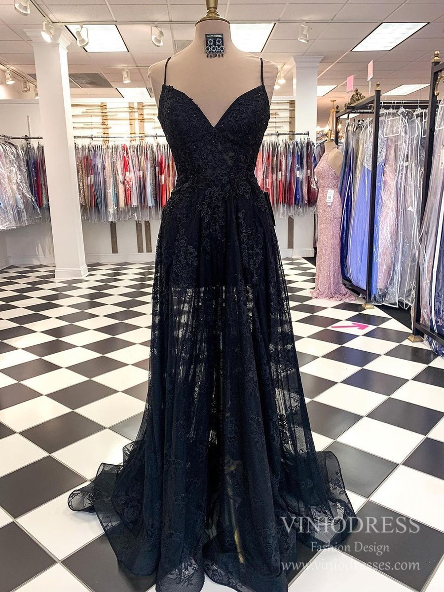Long Black Lace Prom Dresses Lace-up Back FD2550 Viniodress Long Black Lace Prom Dresses Lace-up Back FD2550 Viniodress