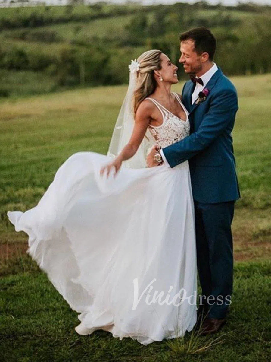 Long Chiffon Beach Wedding Dresses V Neck Lace Bodice VW1206-wedding dresses 2025 -Viniodress-Ivory-Custom Size-