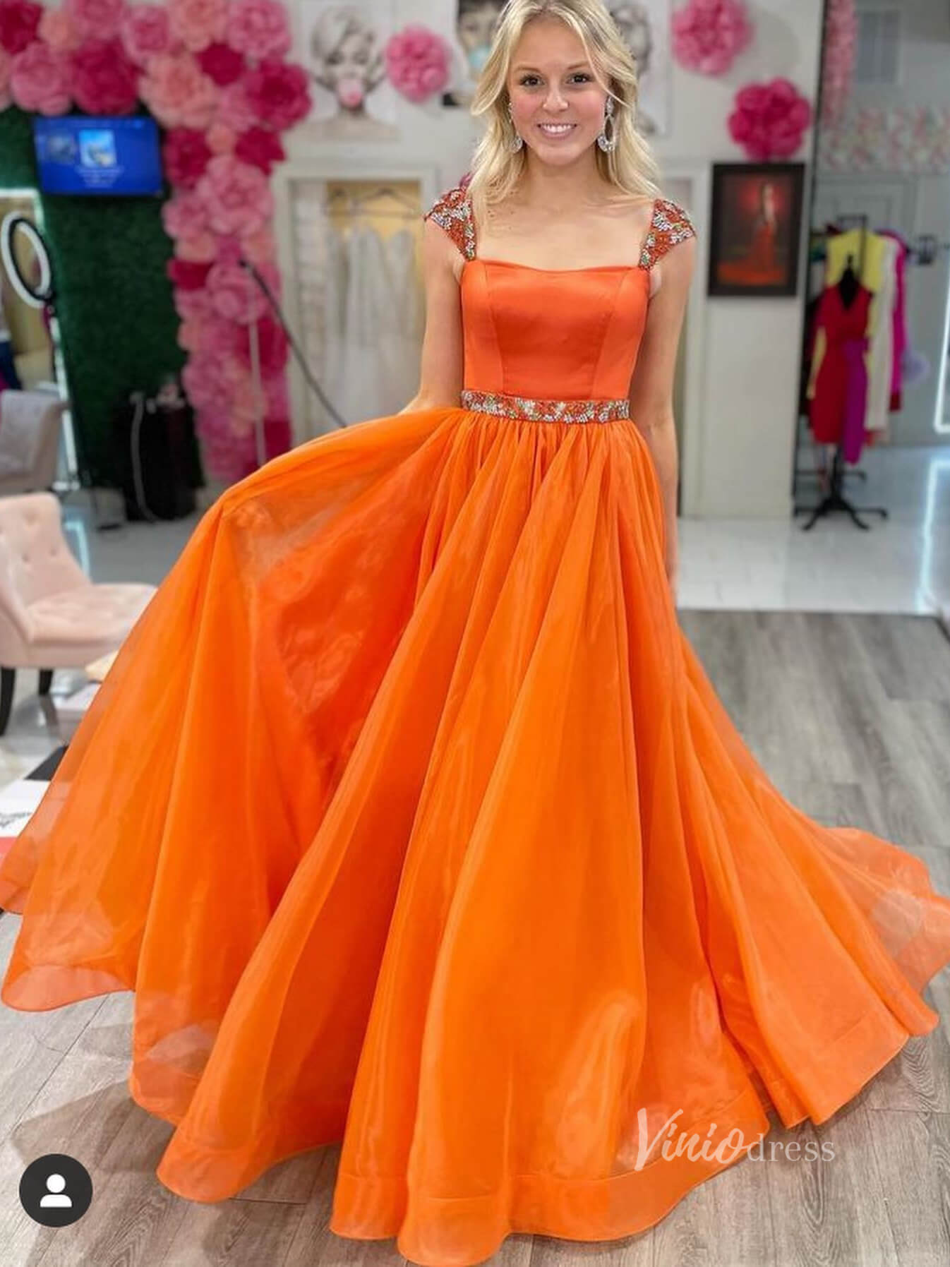 pink orange prom dress Long Pumpkin Orange Prom Dresses 2024 Beaded Organza Evening Gowns FD3 – Viniodress