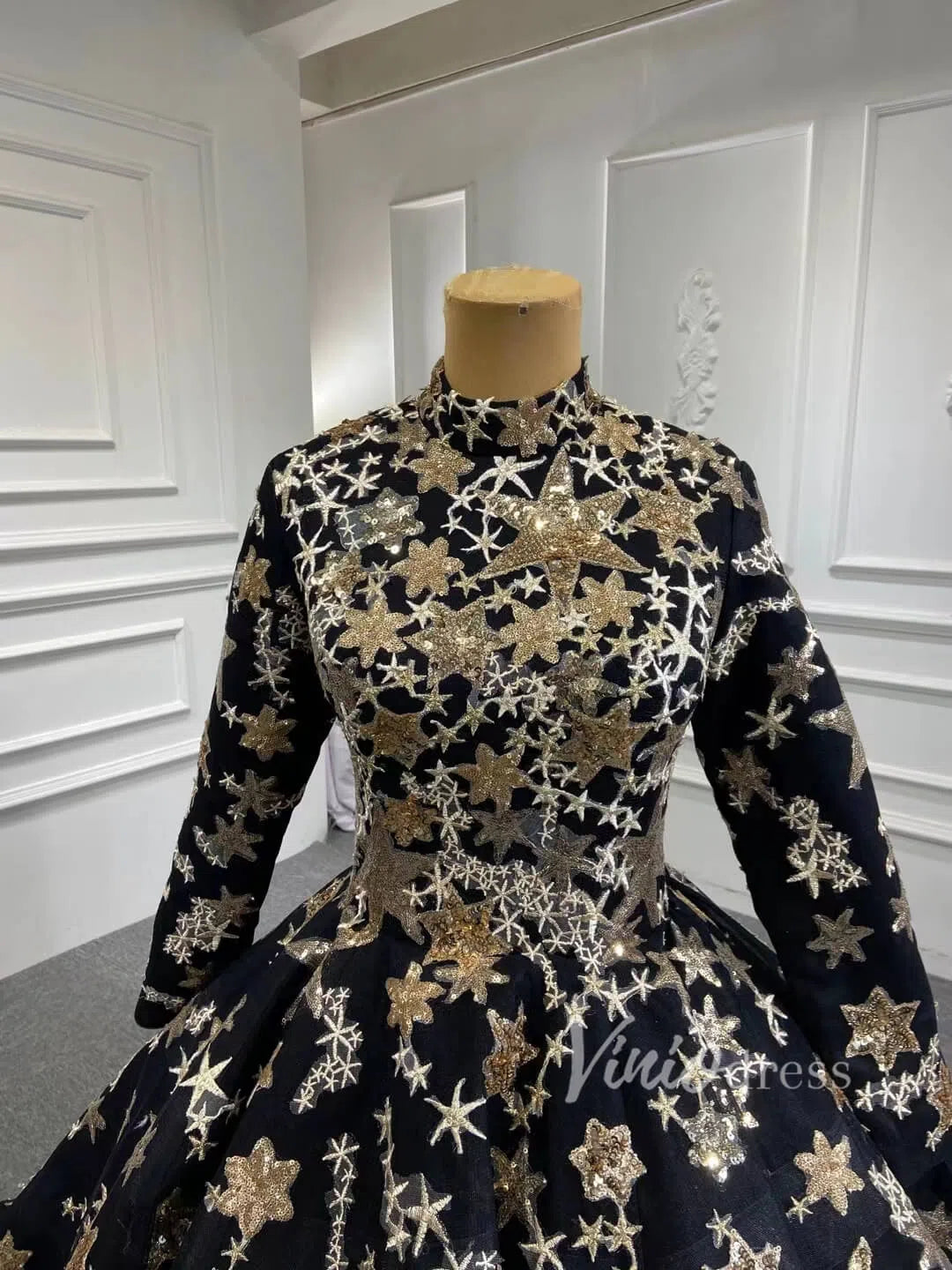 Long Sleeve Black Starry Ball Gown Muslim Style Wedding Dress FD1770 High Neck-prom dresses 2025 -Viniodress-Black-Custom Size-