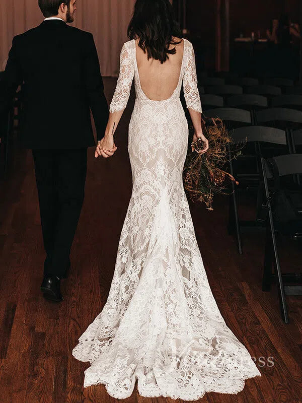 Long Sleeve Bohemian Wedding Dress Mermaid Lace Elopement Bridal Dress VW1095-wedding dresses 2025 -Viniodress-Ivory-Custom Size-