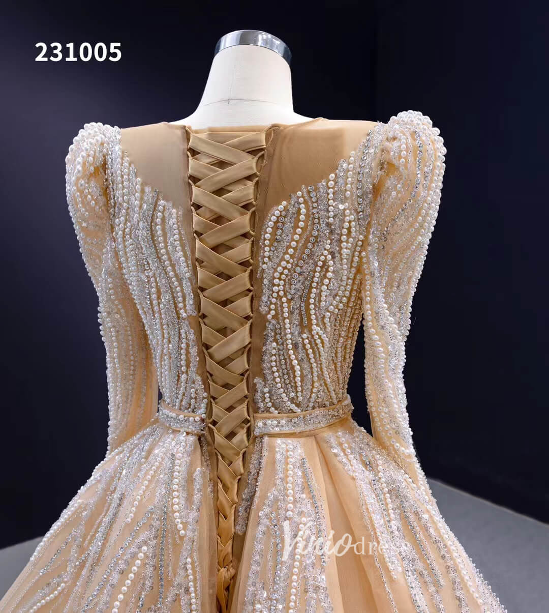 Long Sleeve Champagne Wedding Dresses Removable Overskirt Pageant Gown 231005-wedding dresses 2025 -Viniodress-Champagne-Custom Size-