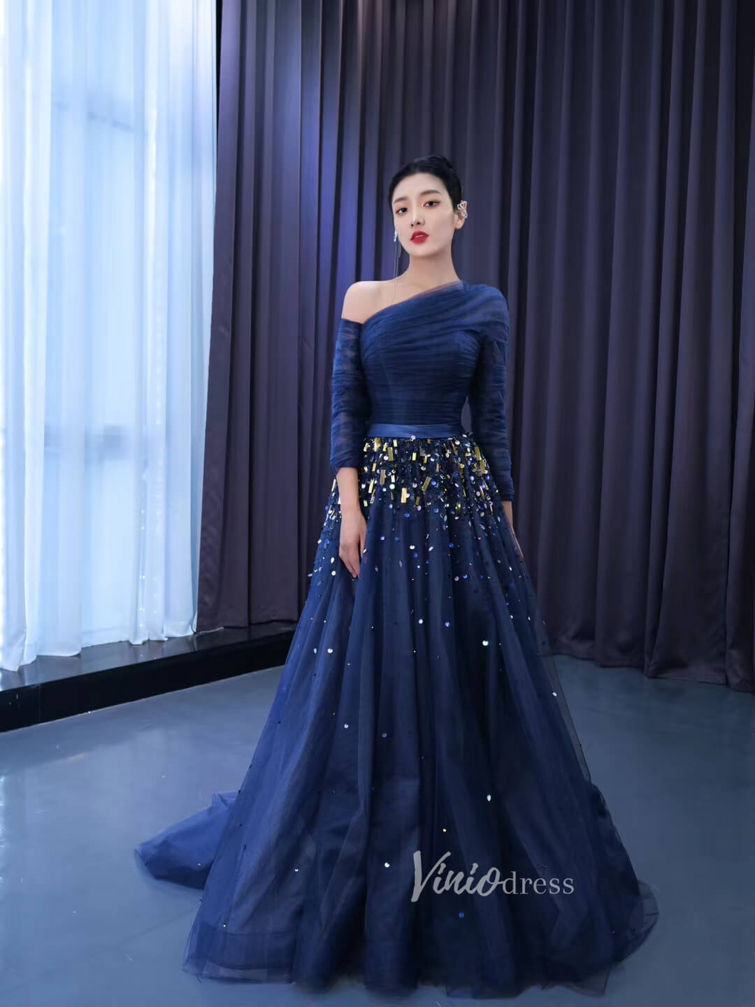 blue long dress prom Long Sleeve Dark Blue Formal Dresses A-line Pageant Dress 67556 – Viniodress