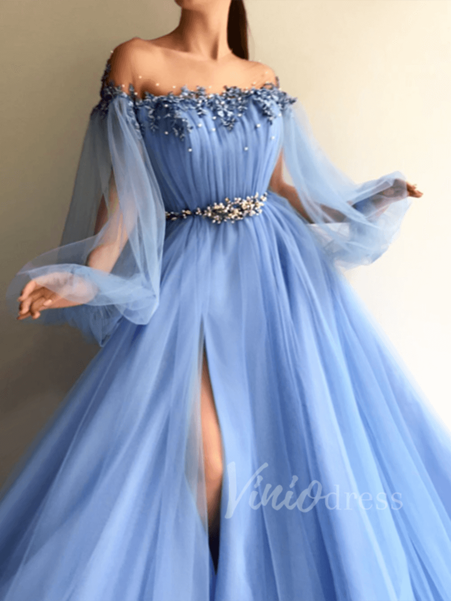 Long Sleeve Dusty Blue Prom Dresses with Side Slit FD1534-prom dresses 2025 -Viniodress-As Picture-Custom Size-