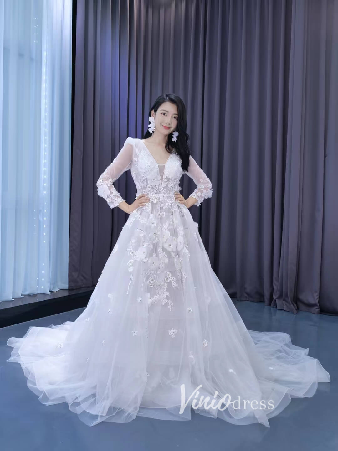 Long Sleeve Floral Wedding Dresses A-line Modern Wedding Gown 222199 Viniodress Long Sleeve Floral Wedding Dresses A-line Modern Wedding Gown 222199 Viniodress