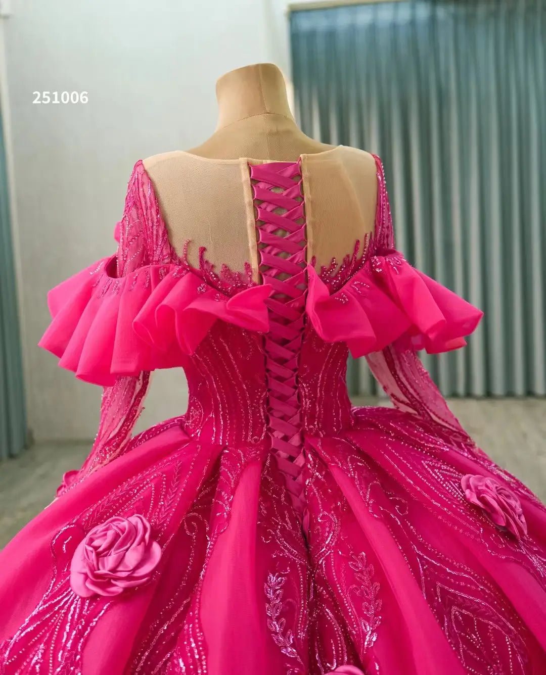 Long Sleeve Fuchsia Quinceanera Dress Rosette Flower Debutante Gowns 251006-Quinceanera Dresses 2025 -Viniodress-Fuchsia-Custom Size-