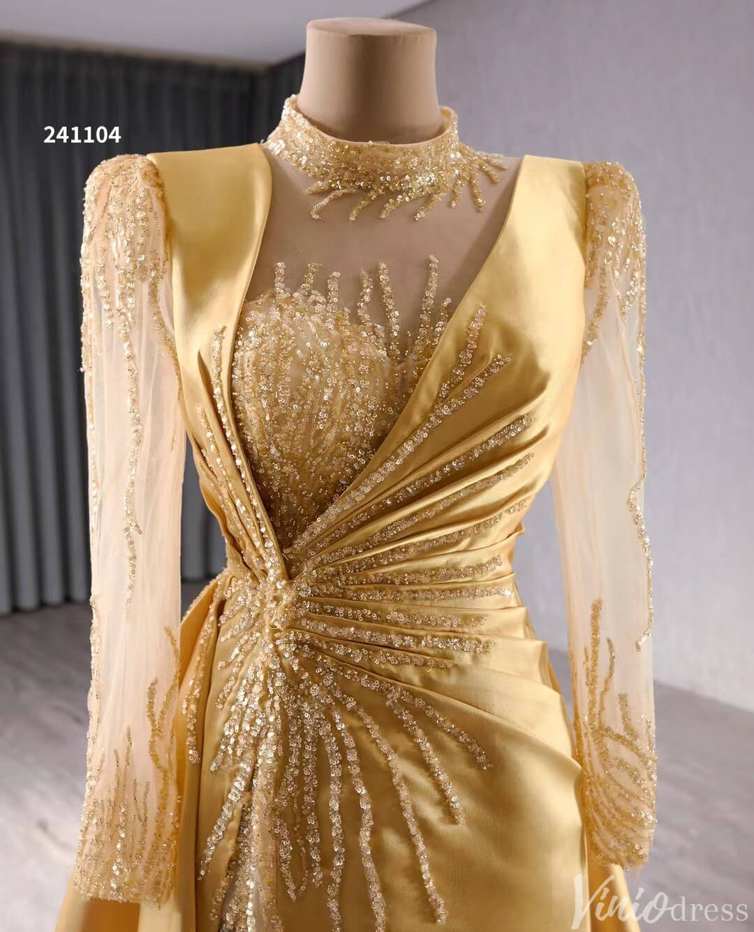 Long Sleeve Gold Formal Dresses Overskirt Wedding Dress with slit Open Back 241104-Pageant Dress 2025 -Viniodress-Gold-Custom Size-
