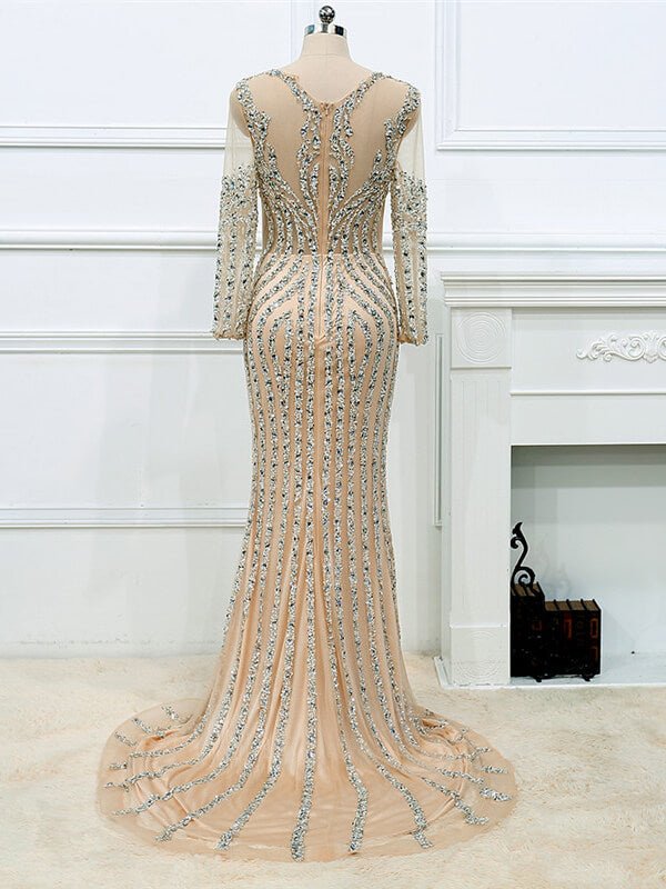 Long Sleeve Grey Beaded Prom Dresses FD1437B-Evening Dresses 2025 -Viniodress-Grey-US 2-