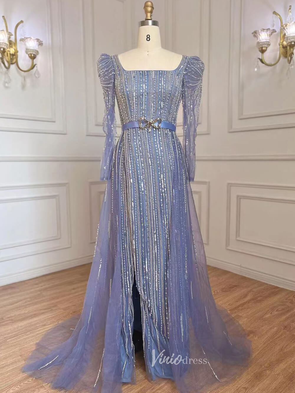 Long Sleeve Magenta Prom Dresses Purple Square Neck Evening Dress with Slit 20048-Evening Dresses 2025 -Viniodress-Dusty Blue-US 2-