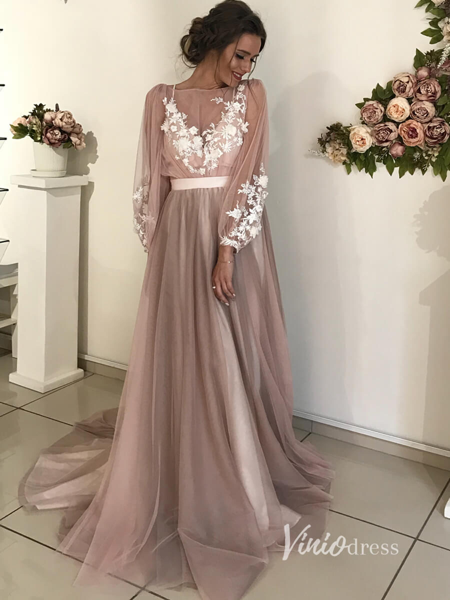 Long Sleeve Mauve Tulle Wedding Dresses for Photography VW2098 – Viniodress