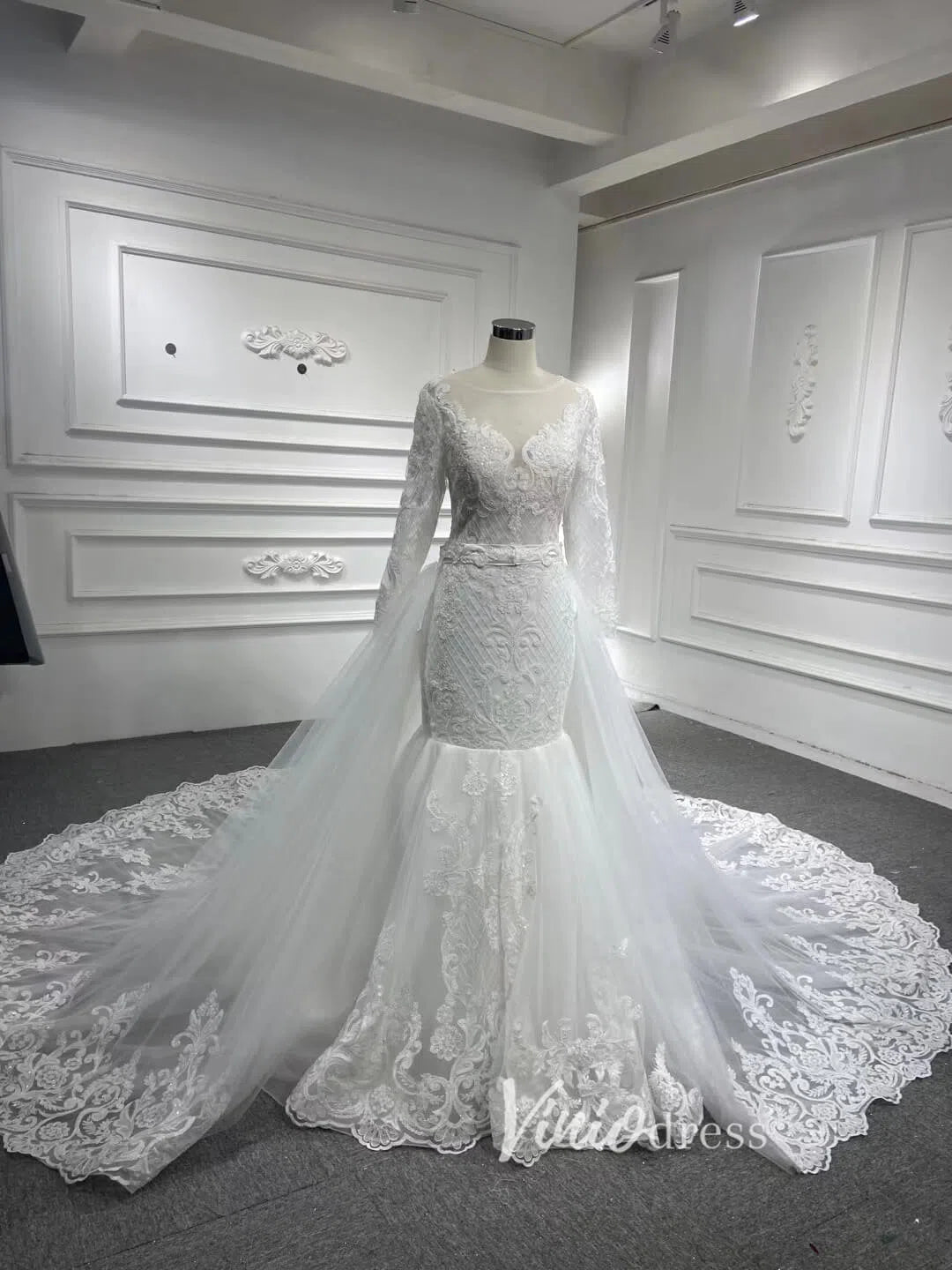 Long Sleeve Mermaid Wedding Dress with Removable Overskirt 66856 Viniodress Long Sleeve Mermaid Wedding Dress with Removable Overskirt 66856 Viniodress