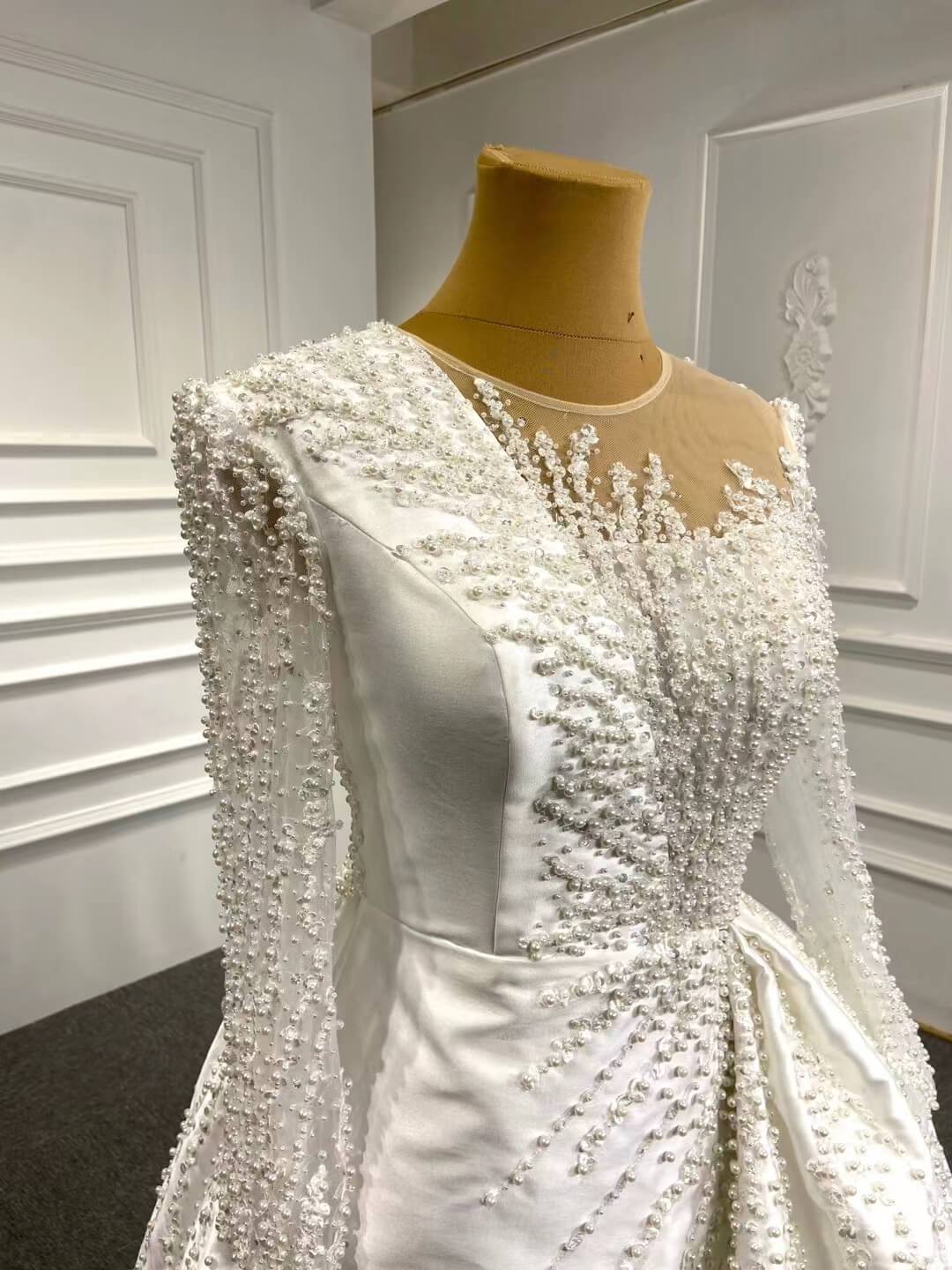 Long Sleeve Pearl Satin Sheath Wedding Dress with Overskirt 67215B-wedding dresses 2025 -Viniodress-Ivory-Custom Size-