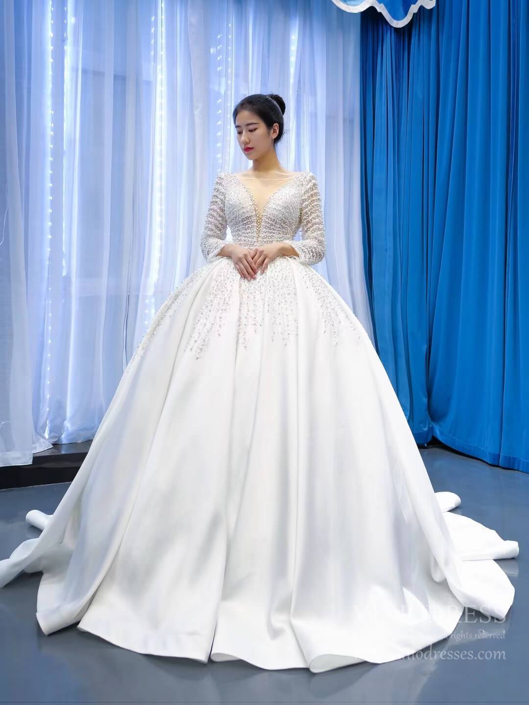 Long Sleeve Pearl Satin Wedding Gown Vintage Wedding Dresses VW1807 Viniodress Long Sleeve Pearl Satin Wedding Gown Vintage Wedding Dresses VW1807 Viniodress