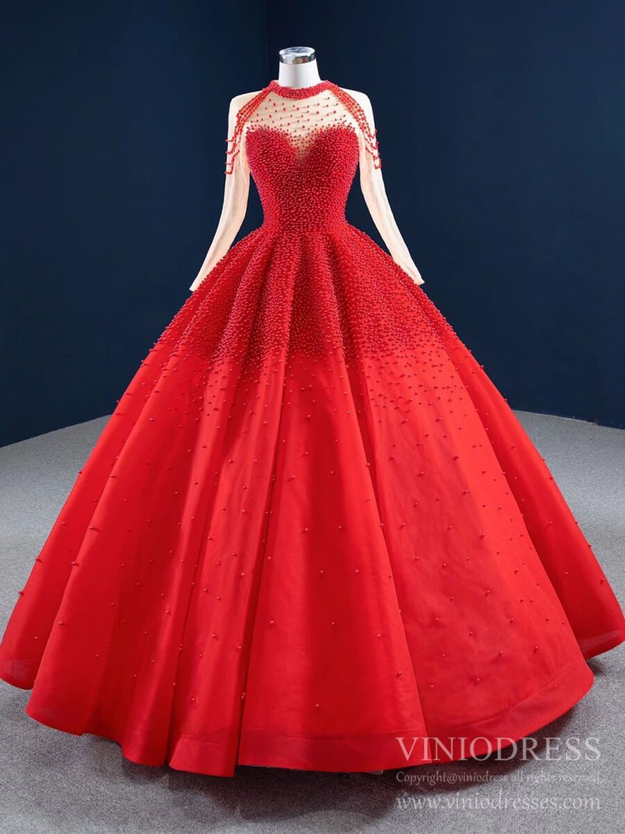 Long Sleeve Pearls Wedding Dresses Luxury Arabic Bridal Gown 67198-wedding dresses 2025 -Viniodress-Red-Custom Size-