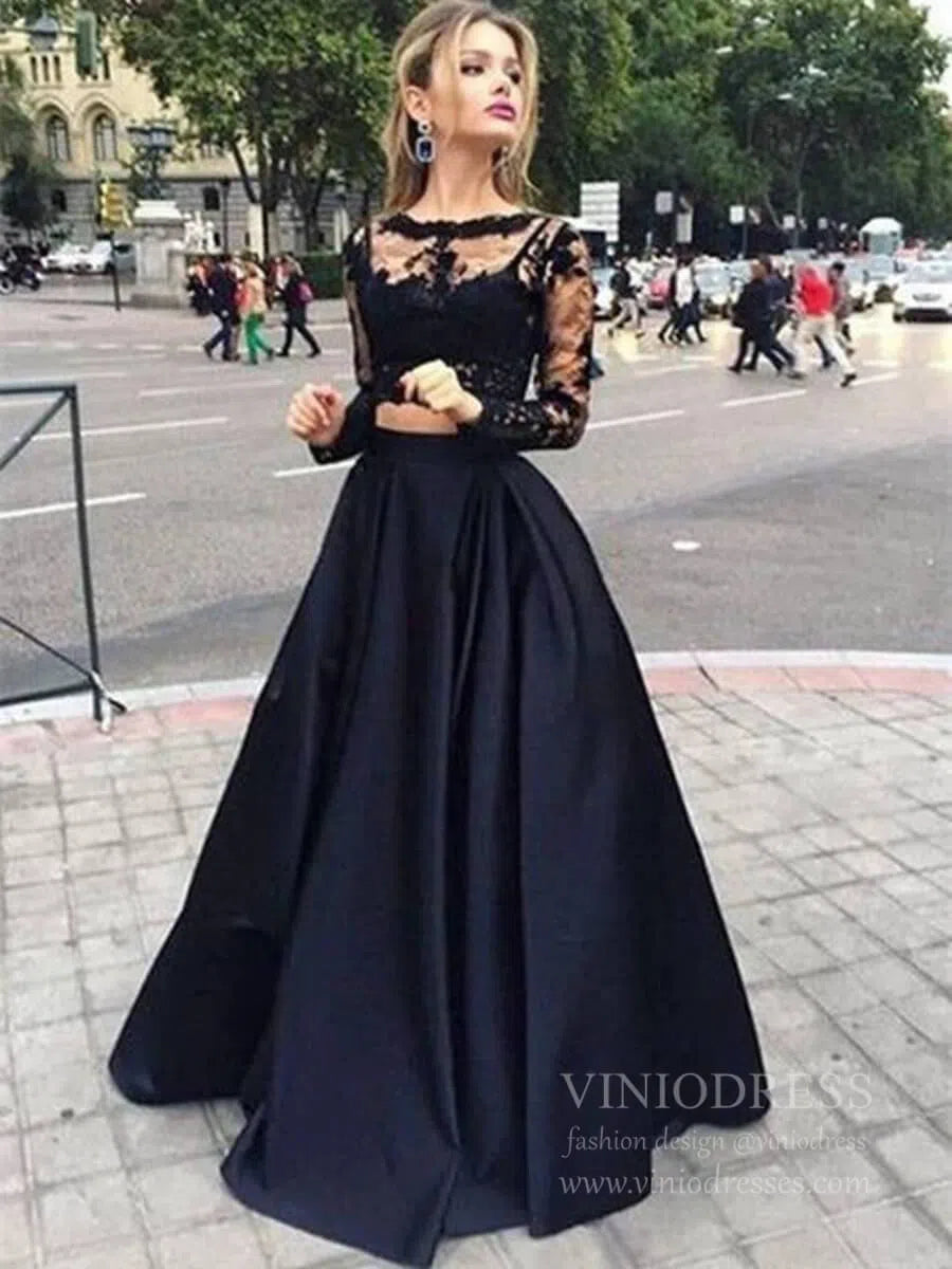 Long Sleeve Two Piece Lace Black Prom Dresses with Pockets FD1711 –  Viniodress