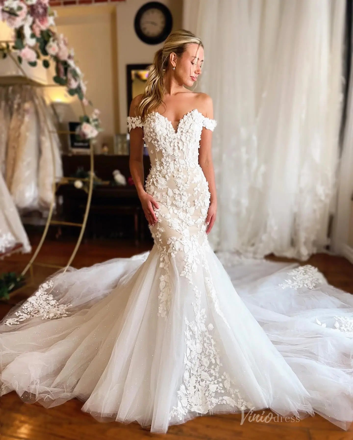 Ivory 3D Floral Off-Shoulder Mermaid Wedding Dress with Chapel Train – ML149 – Viniodress Ivory 3D Floral Off-Shoulder Mermaid Wedding Dress with Chapel Train – ML149 – Viniodress