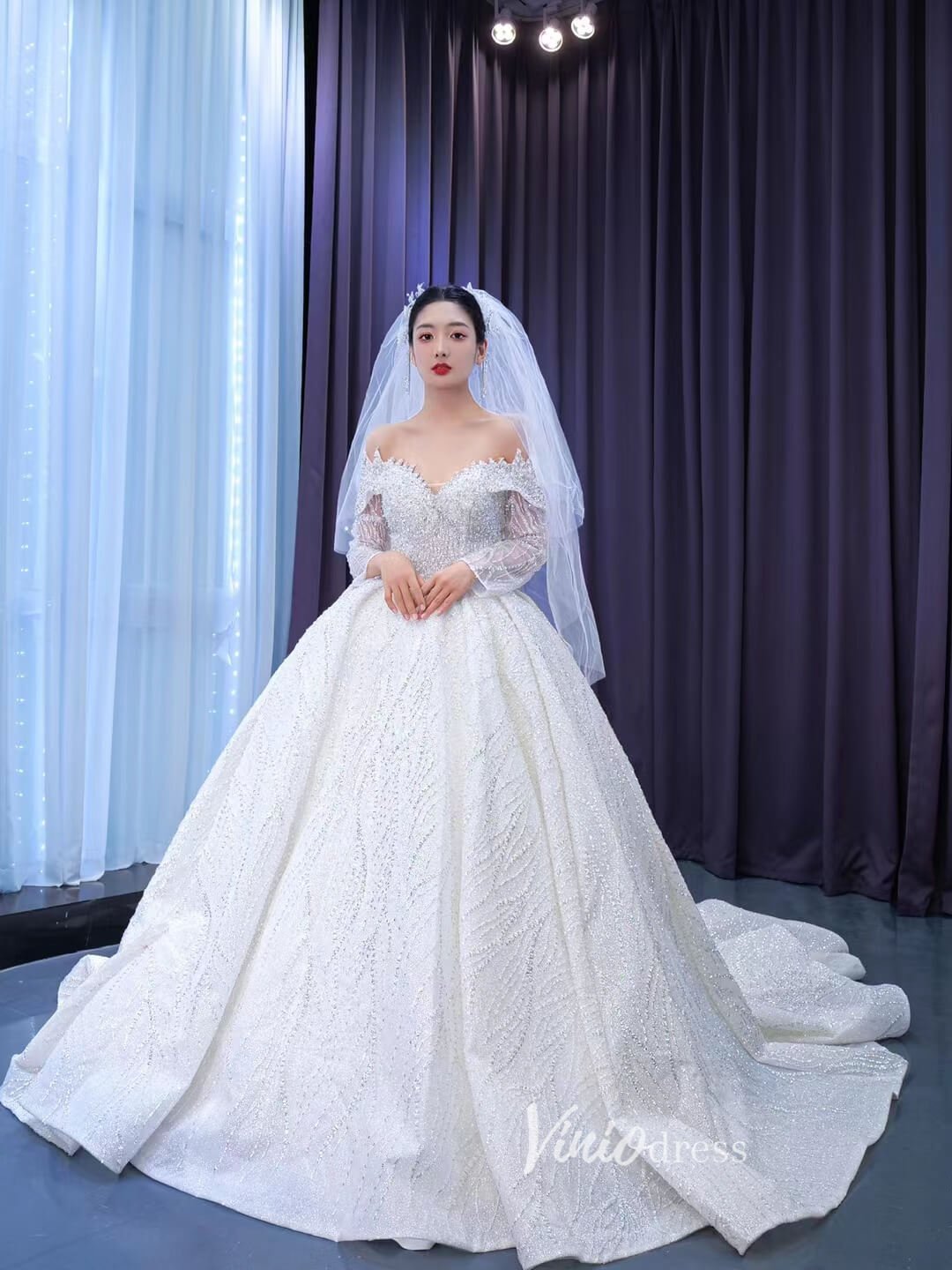 luxury custom wedding dress Luxury Beaded Ball Gown Wedding Dress with Sheer Long Sleeves & Corset –  Viniodress
