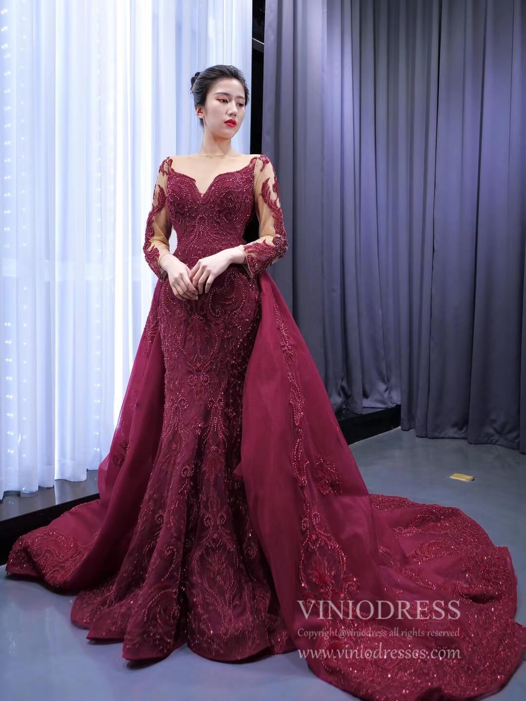Luxury Beaded Burgundy Formal Dress Long Sleeve Pageant Dresses 67250 viniodress