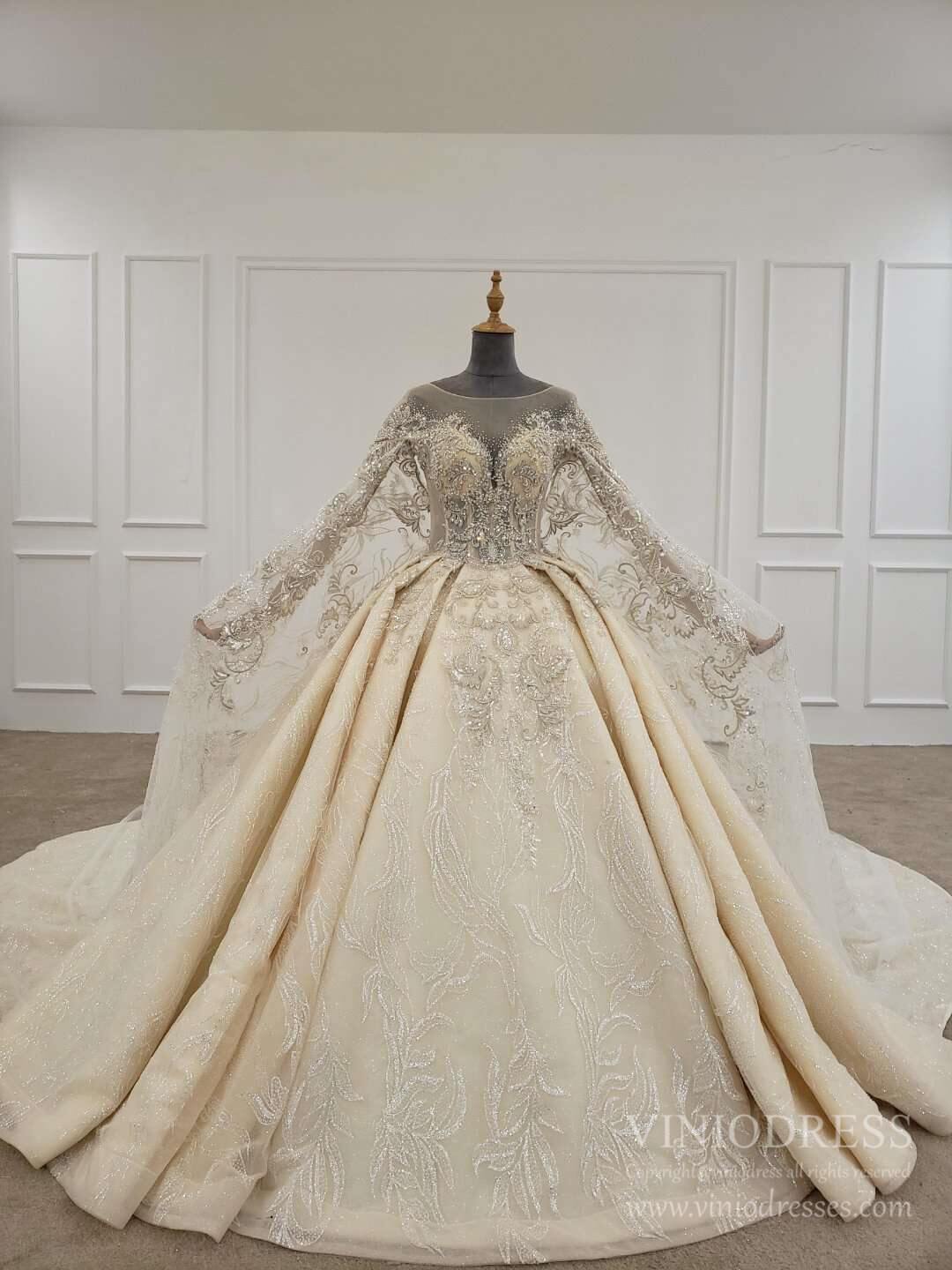 Luxury Beaded Champagne Glitter Arabic Wedding Dresses with Cape VW1619