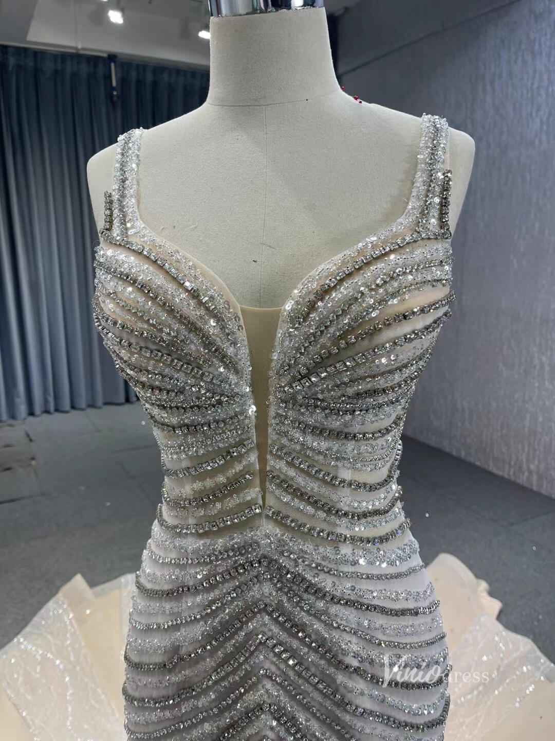 Luxury Beaded Mermaid Wedding Dresses Spaghetti Strap Bridal Gown 241019-wedding dresses 2025 -Viniodress-Champagne-Custom Size-