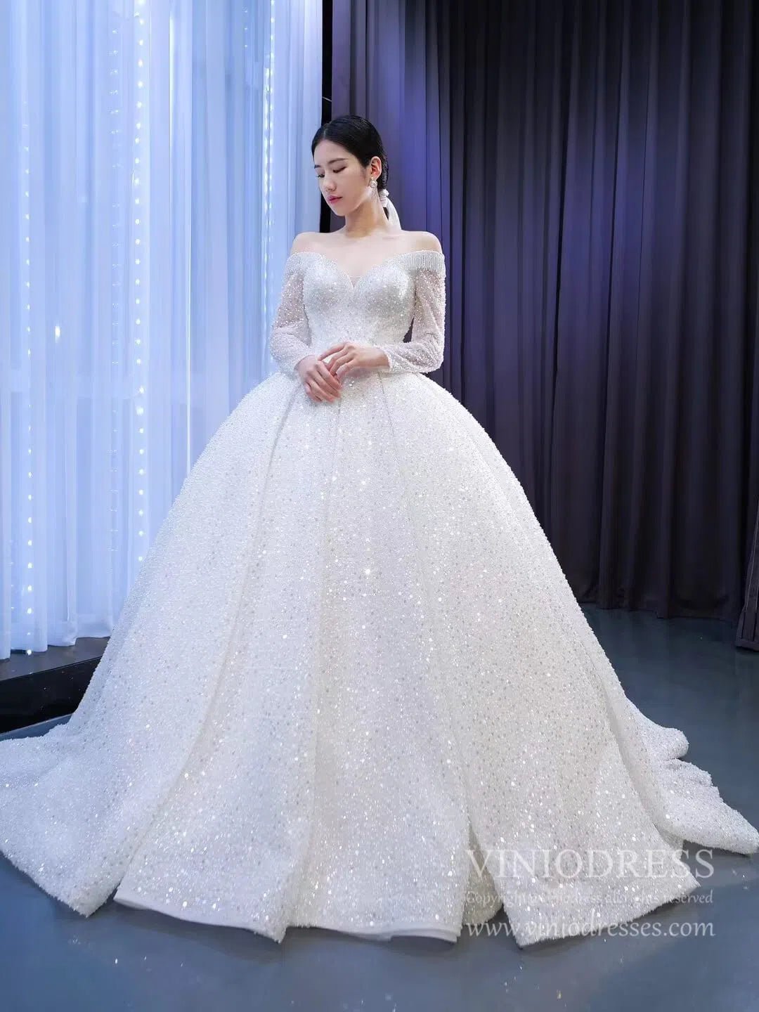 Luxury Beaded Wedding Gown Off the Shoulder Long Sleeve Wedding Dress Viniodress Luxury Beaded Wedding Gown Off the Shoulder Long Sleeve Wedding Dress Viniodress