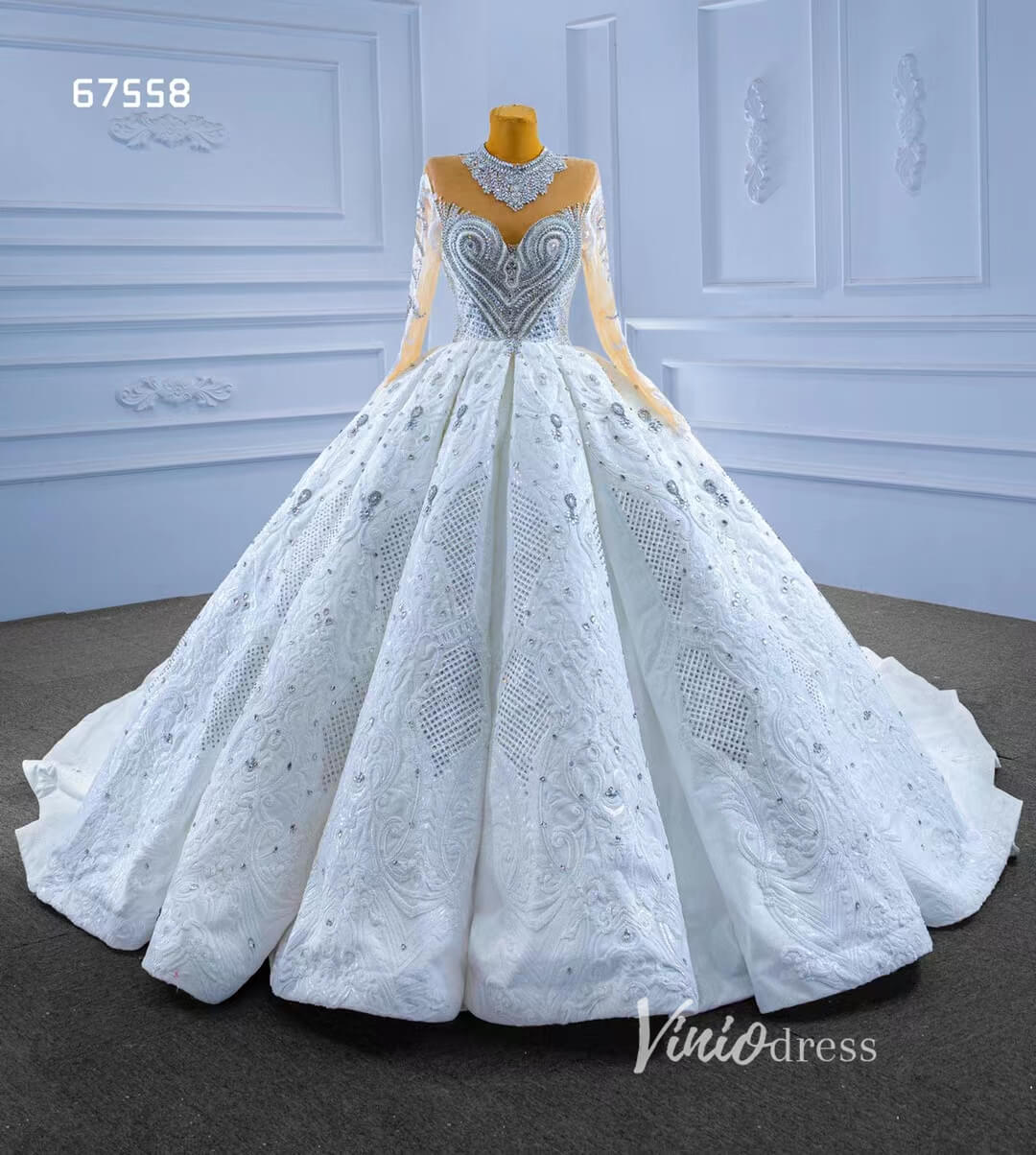 Luxury Dubai Wedding Dresses High Neck Modest Bridal Gown 67558 – Viniodress