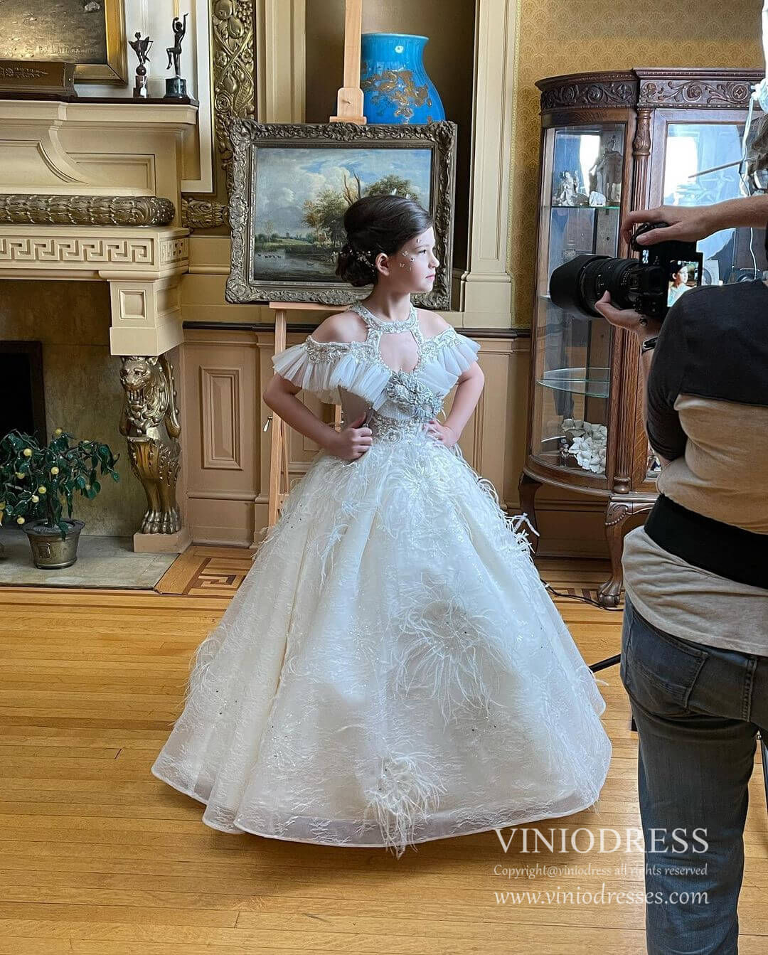 Luxury Feather Lace Ball Gowns for Little Girls KD1030-Pageant Dresses for Kids 2025 -Viniodress-Champagne-Custom Size-