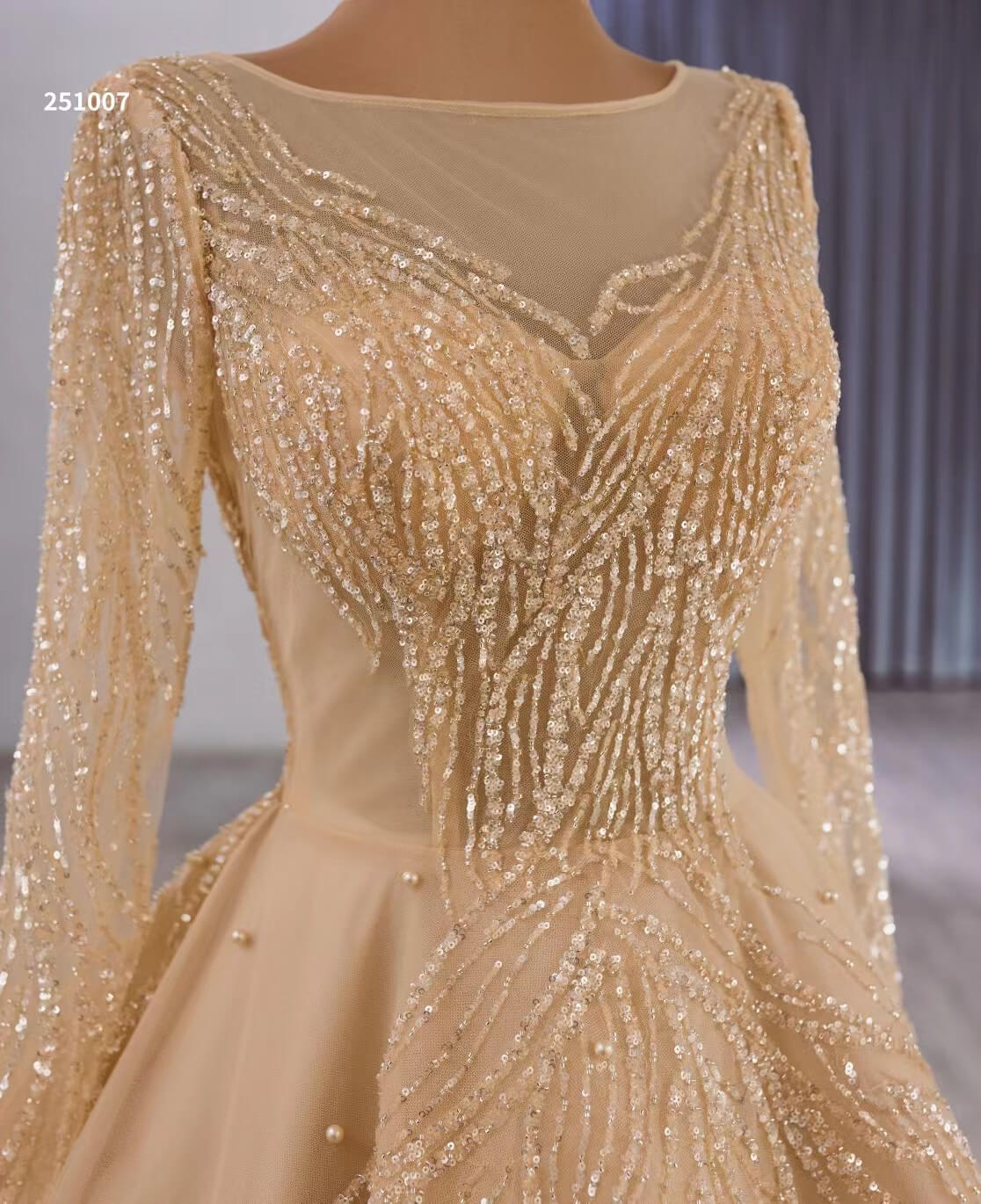 Luxury Gold & Blue Feather Wedding Dress with Sleeves 251007-Quinceanera Dresses 2025 -Viniodress-Gold-Custom Size-