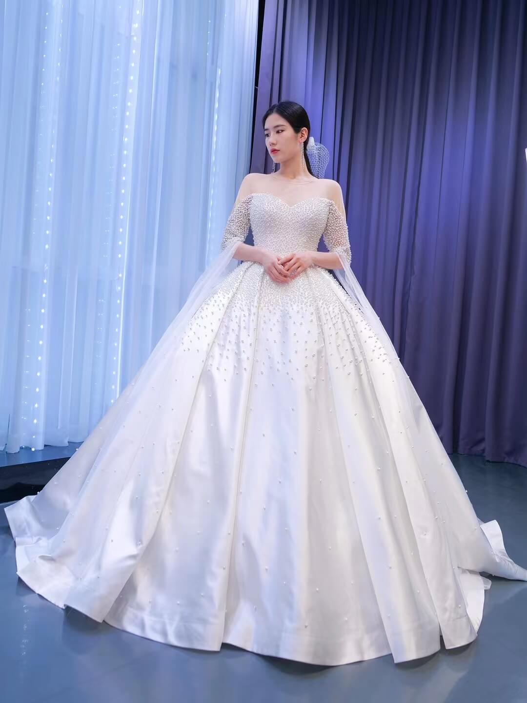 Luxury Pearl Wedding Dresses Modest Satin Wedding Gown 67279 Viniodress Luxury Pearl Wedding Dresses Modest Satin Wedding Gown 67279 Viniodress