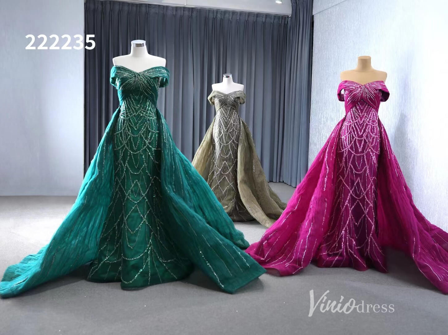 Magenta Beaded Off the Shoulder Wedding Dresses with Removable Overskirt Ball Gown 222235-wedding dresses 2025 -Viniodress-Magenta-Custom Size-