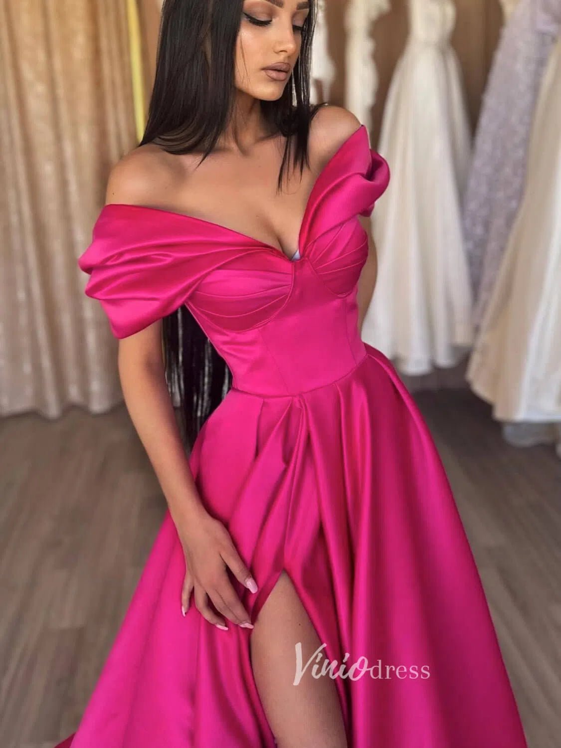 Magenta Off the Shoulder Prom Dresses With Slit A-Line Satin Evening Dress FD3095-prom dresses 2025 -Viniodress-Magenta-Custom Size-