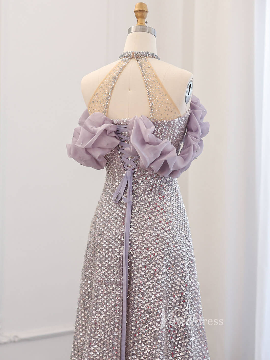 Mauve Beaded Ruffled Prom Dresses Hlater Neck Evening Dress AD1178-Evening Dresses 2025 -Viniodress-Mauve-US 2-