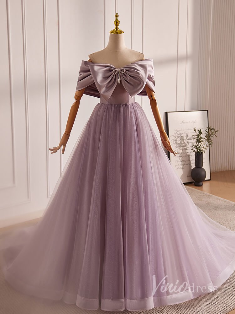 Mauve Bow Off the Shoulder Prom Dresses 2024 Satin Bodice Sparkly Tull Viniodress Mauve Bow Off the Shoulder Prom Dresses 2024 Satin Bodice Sparkly Tull Viniodress