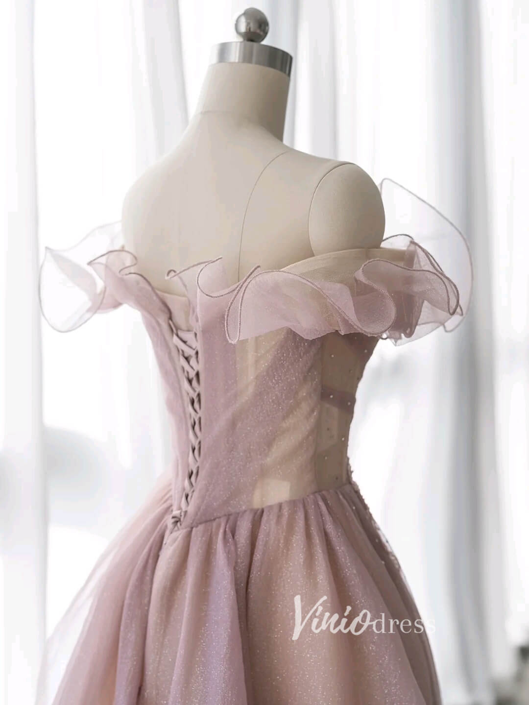 Mauve Sparkly Tulle Prom Dresses Off the Shoulder Formal Gown FD3415-prom dresses 2025 -Viniodress-Mauve-Custom Size-