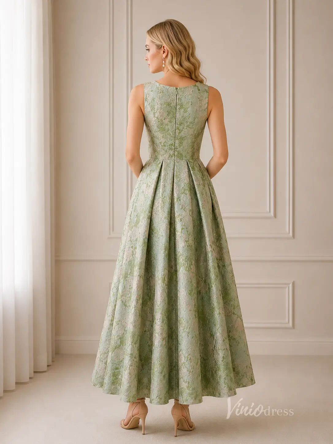 Meadow Green Floral Jacquard Wedding Guest Dress with Bateau Neck, Pockets & High-Low Hem - GE105-bridesmaid dresses 2026-Viniodress-Meadow Green-Custom Size – Add Measurements in Cart-