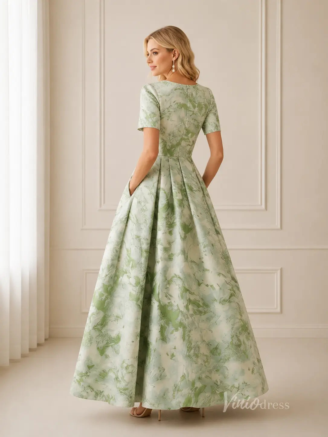 Meadow Green Floral Mother of the Bride Dress with Short Sleeves, Pockets & Pleated A-Line Skirt - GE101-bridesmaid dresses 2026-Viniodress-Meadow Green-Custom Size – Add Measurements in Cart-