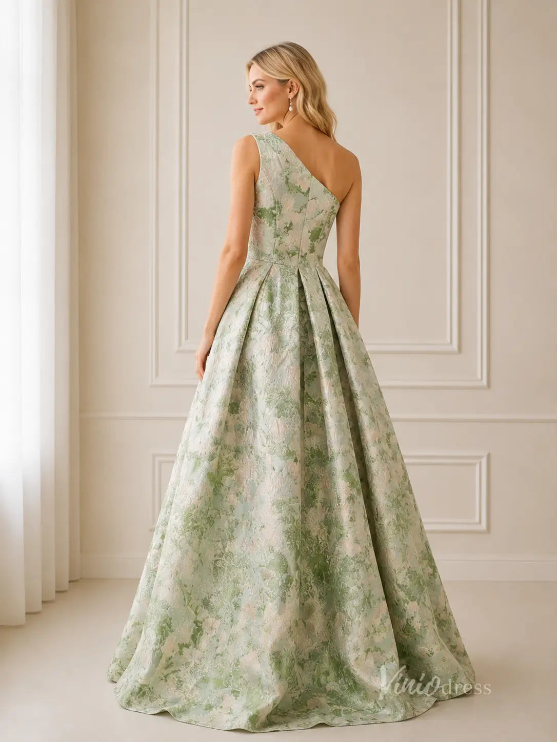 Meadow Green Floral One-Shoulder Wedding Guest Dress with High Slit & Pleated A-Line Skirt - GE102-bridesmaid dresses 2026-Viniodress-Meadow Green-Custom Size – Add Measurements in Cart-