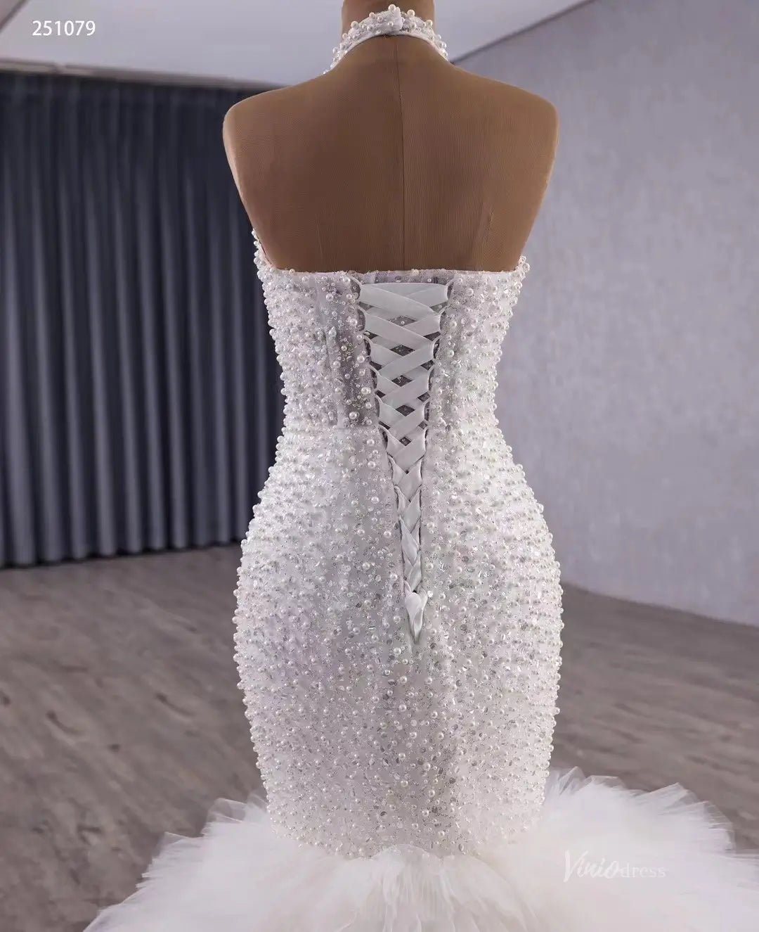 Mermaid Ruffle Wedding Dress | Halter Neck Beaded Bridal Gown with Detachable Shawl & Dramatic Tiered Tail 251079-wedding dresses 2025 -Viniodress-Ivory-Custom Size-