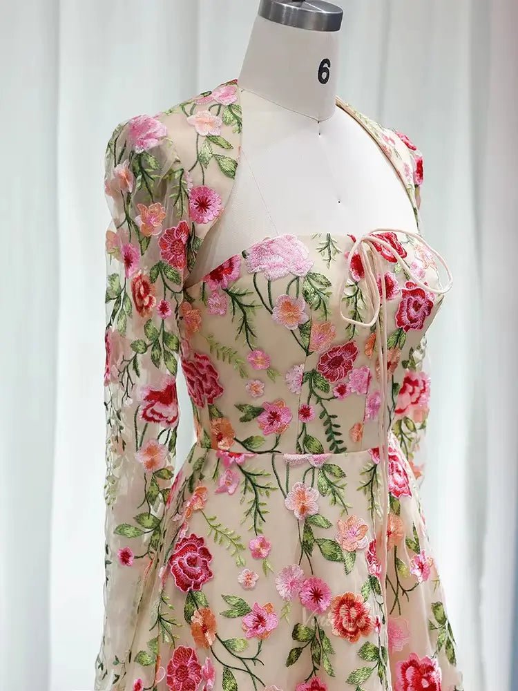 Midi Floral Prom Dresses with Bolero Long Sleeve Strapless Formal Dresses BD059-prom dresses 2025 -Viniodress-Champagne-Custom Size-