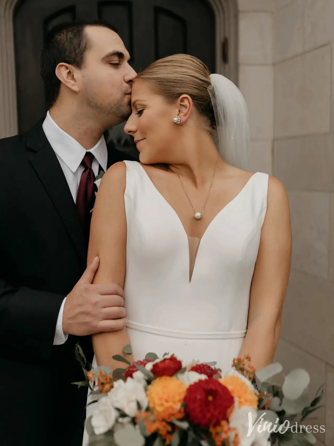 Minimalist A-Line Crepe Wedding Dress | Plunging V-Neck Backless Gown with Chapel Train– VW2599-wedding dresses 2025 -Viniodress-Ivory-Custom Size-