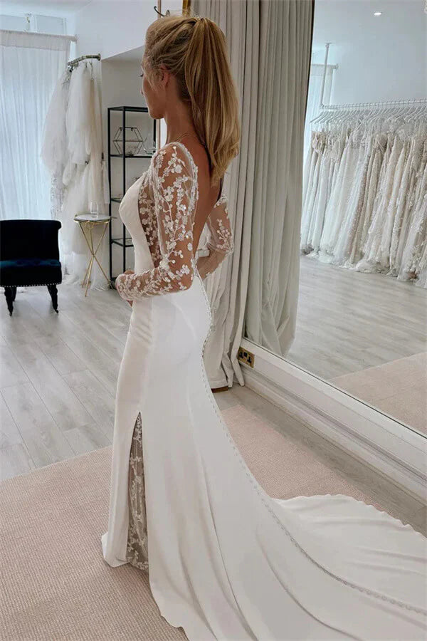 Minimalist Crepe Mermaid Wedding Dress with Illusion Long Sleeves and Backless Design – VW2615-wedding dresses 2026-Viniodress-Ivory-Custom Size – Add Measurements in Cart-